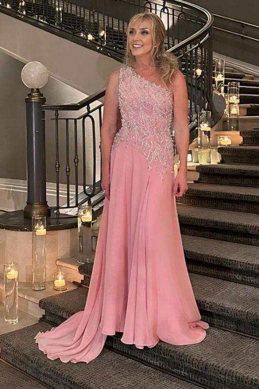 One Shoulder Chiffon Wedding Guest Dress Pearls Long Evening Prom Dresses