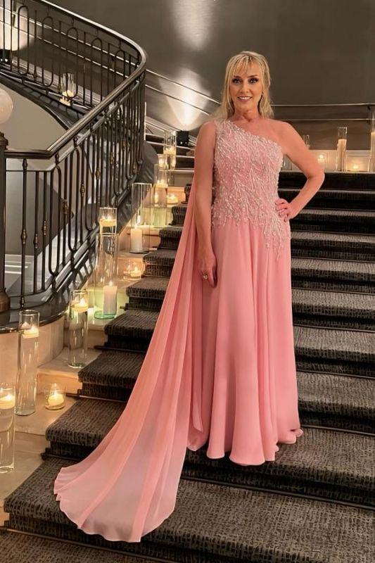 One Shoulder Chiffon Wedding Guest Dress Pearls Long Evening Prom Dresses