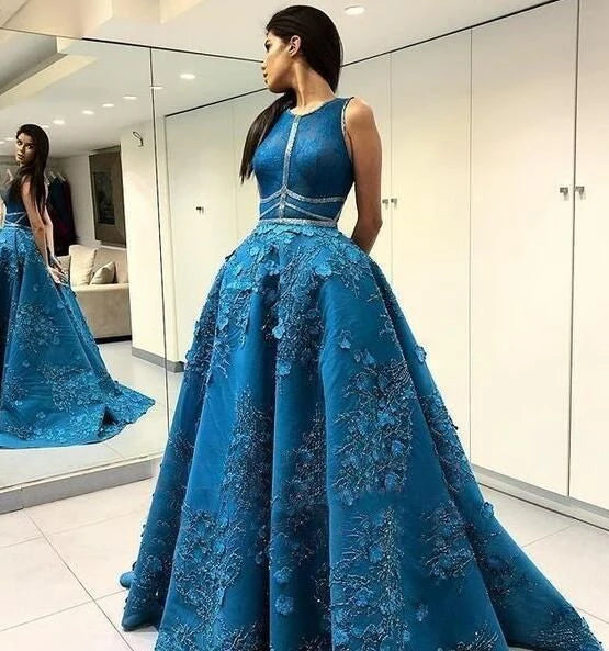 Weitese Formal Women's Dresses Vintage Lace Appliques Ball Gown Scoop Long Open Back with Pockets Prom Dresses Prom Dresses Stores