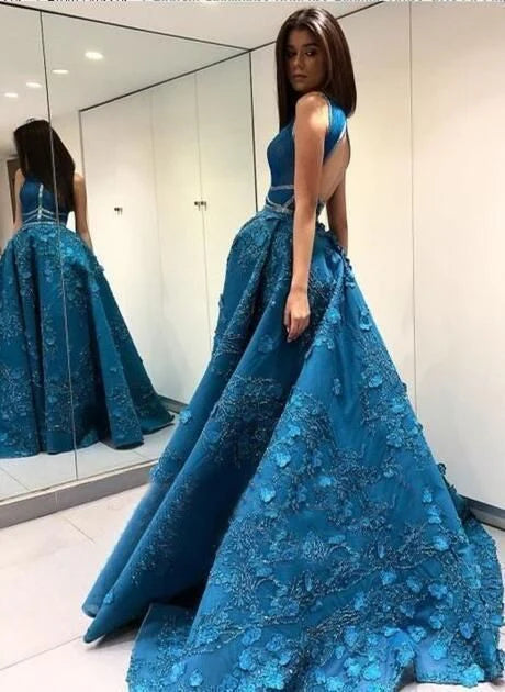 Weitese Formal Women's Dresses Vintage Lace Appliques Ball Gown Scoop Long Open Back with Pockets Prom Dresses Prom Dresses Stores