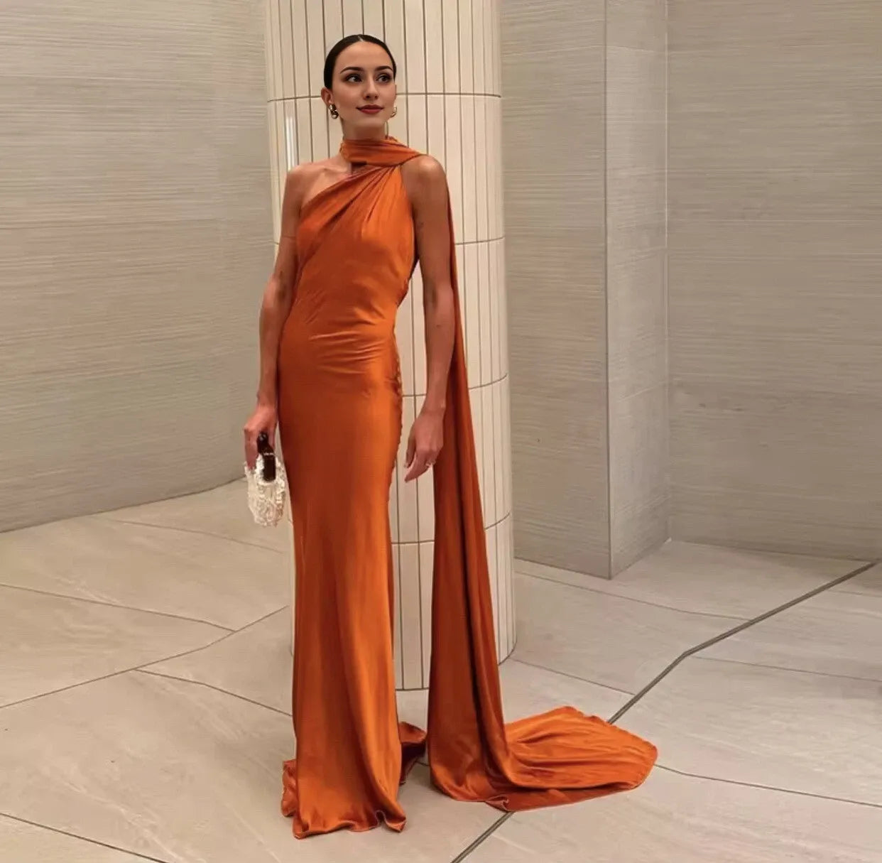 Orange Maxi Wedding Guest Satin Dress Long Halter Evening Gown Cocktail Dresses Custom Sexy Party Dresses