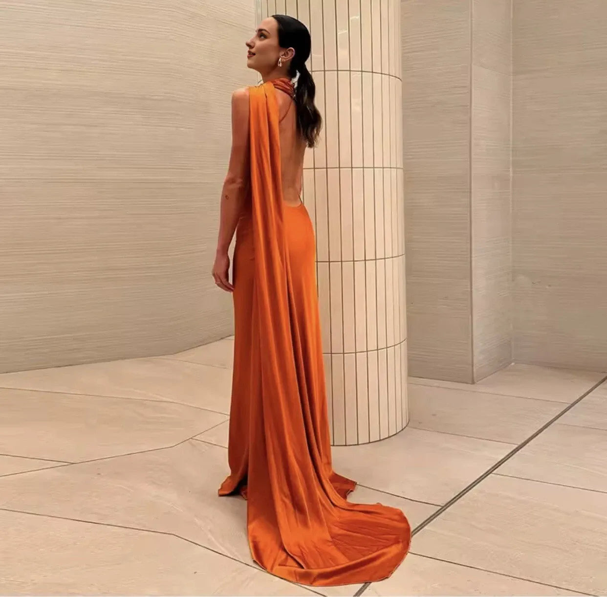 Orange Maxi Wedding Guest Satin Dress Long Halter Evening Gown Cocktail Dresses Custom Sexy Party Dresses