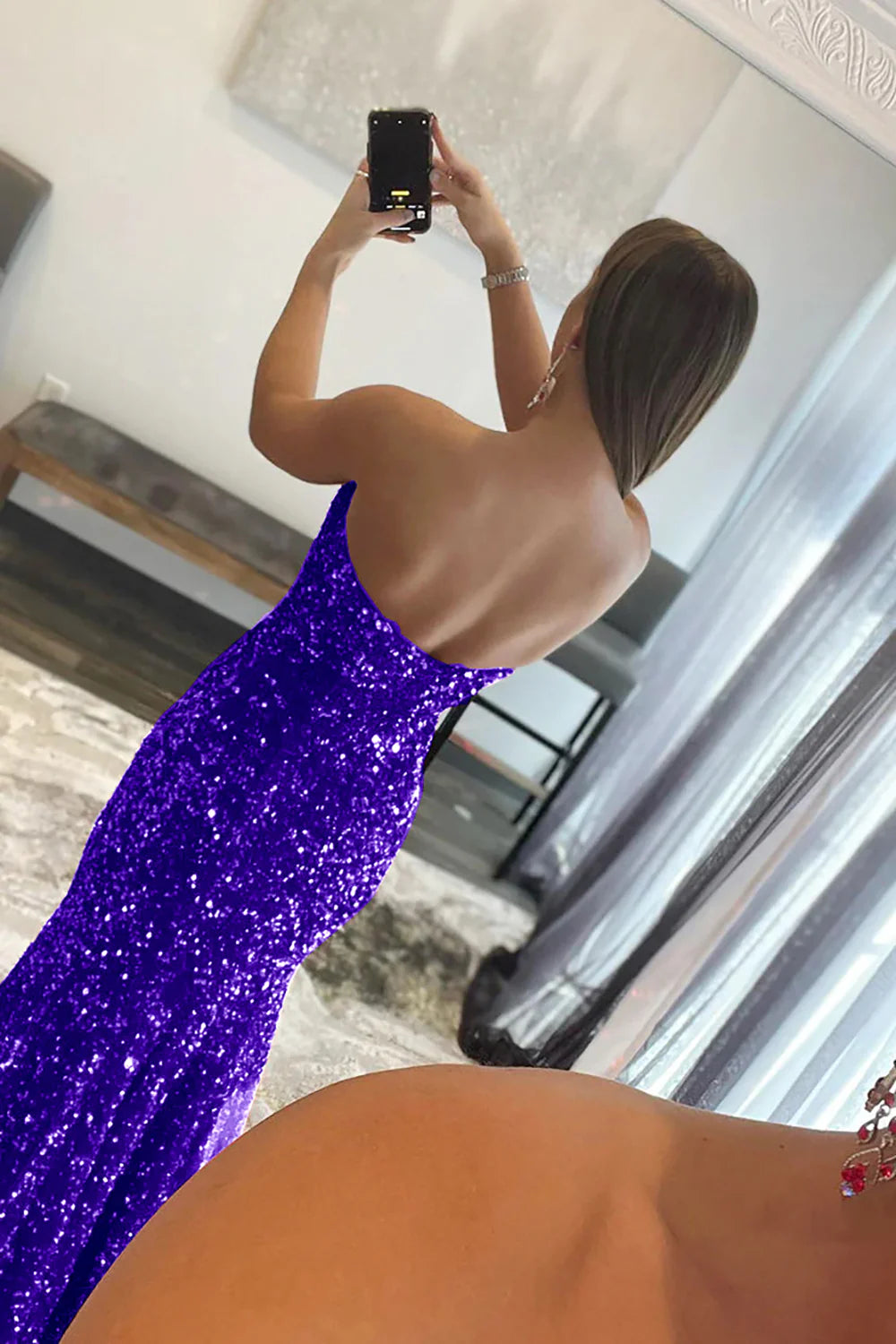 Mermaid Sequins Strapless Long Prom Dress With Slit