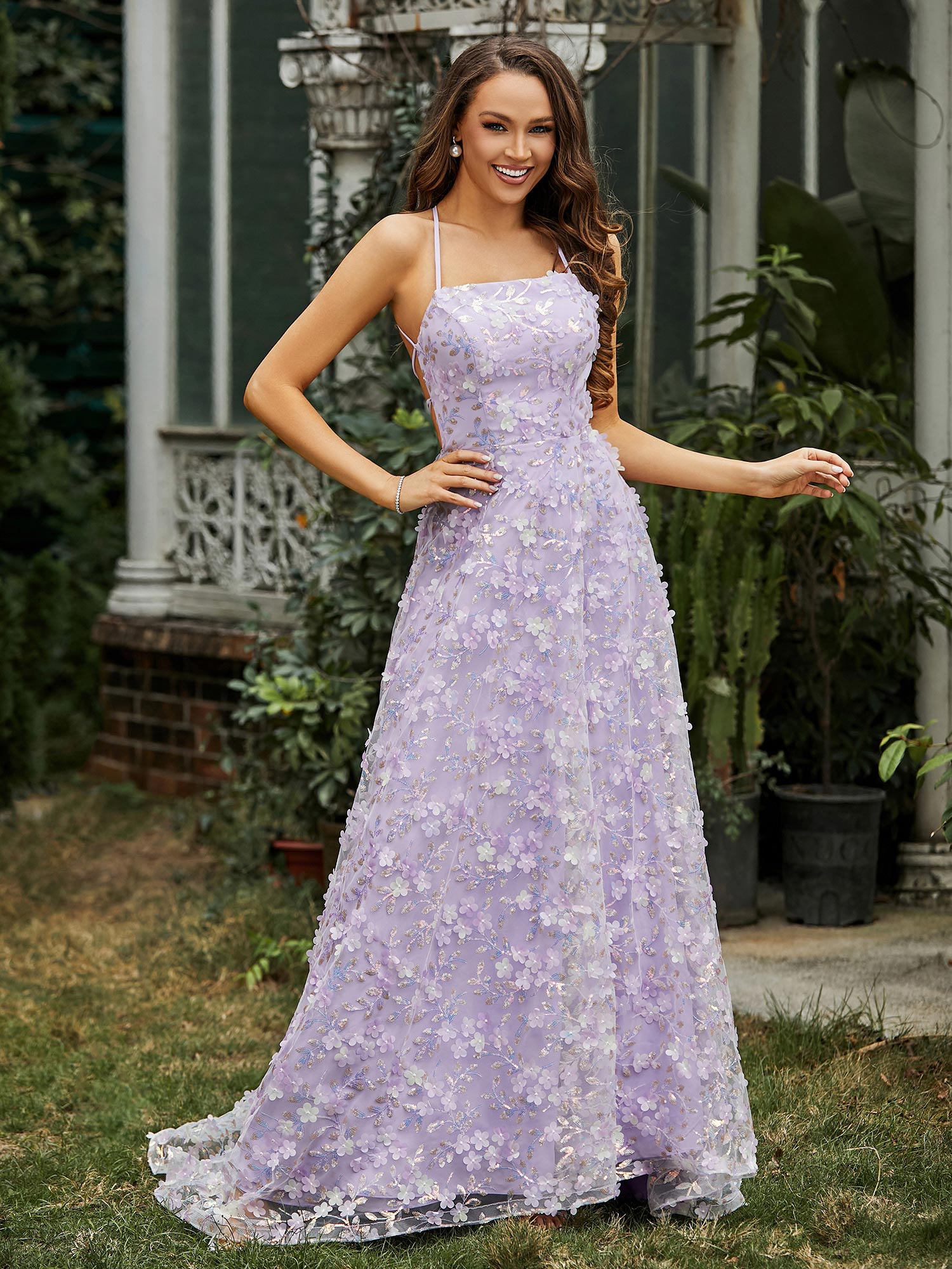 Weitese Square Neckline Sweep Train Floral Dress With Slit Lilac