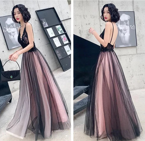 Black Lace V Neck Ombre Tulle A Line Prom Dress Spaghetti Straps