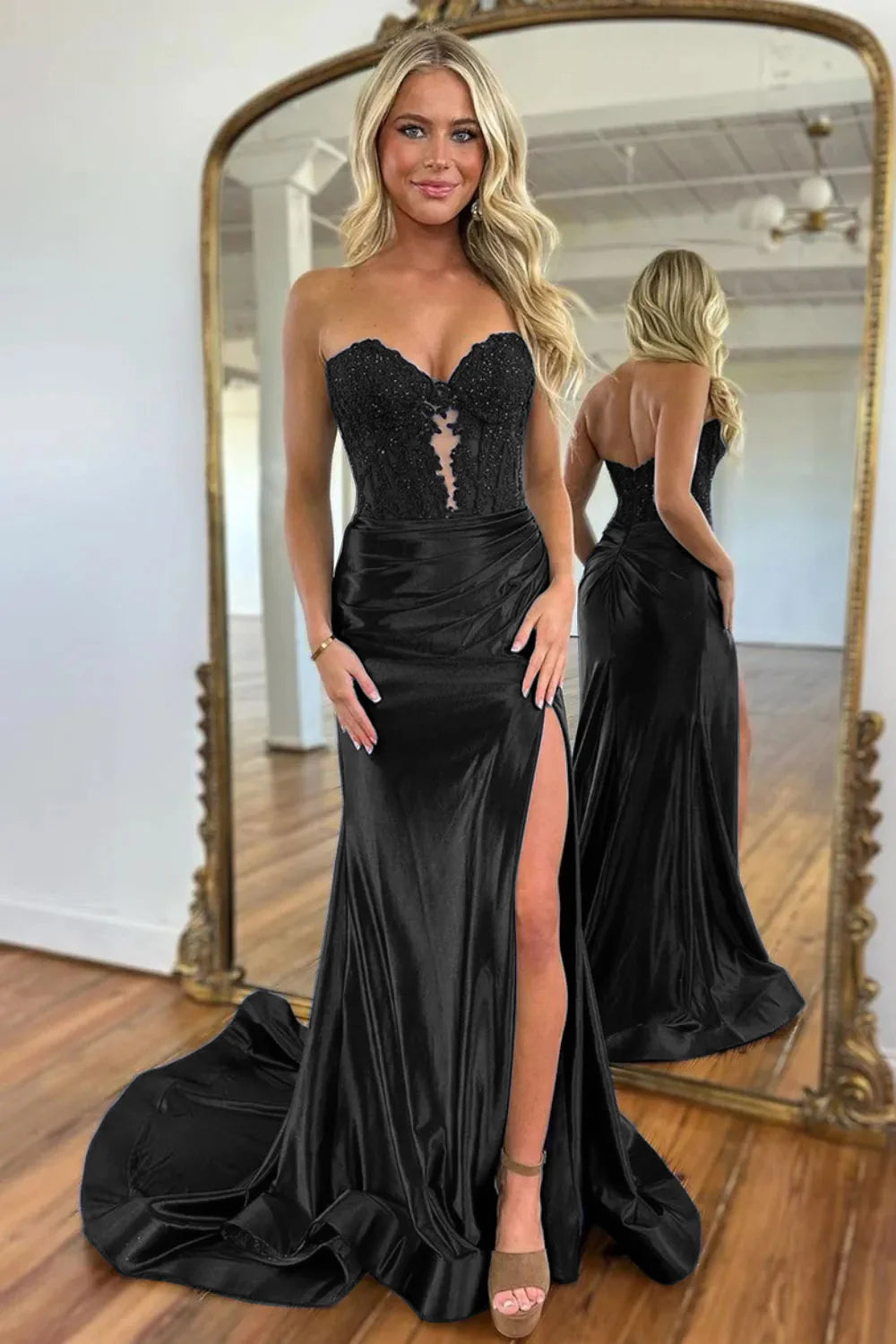 Vestido de fiesta de sirena con escote en forma de corazón y cuentas caladas