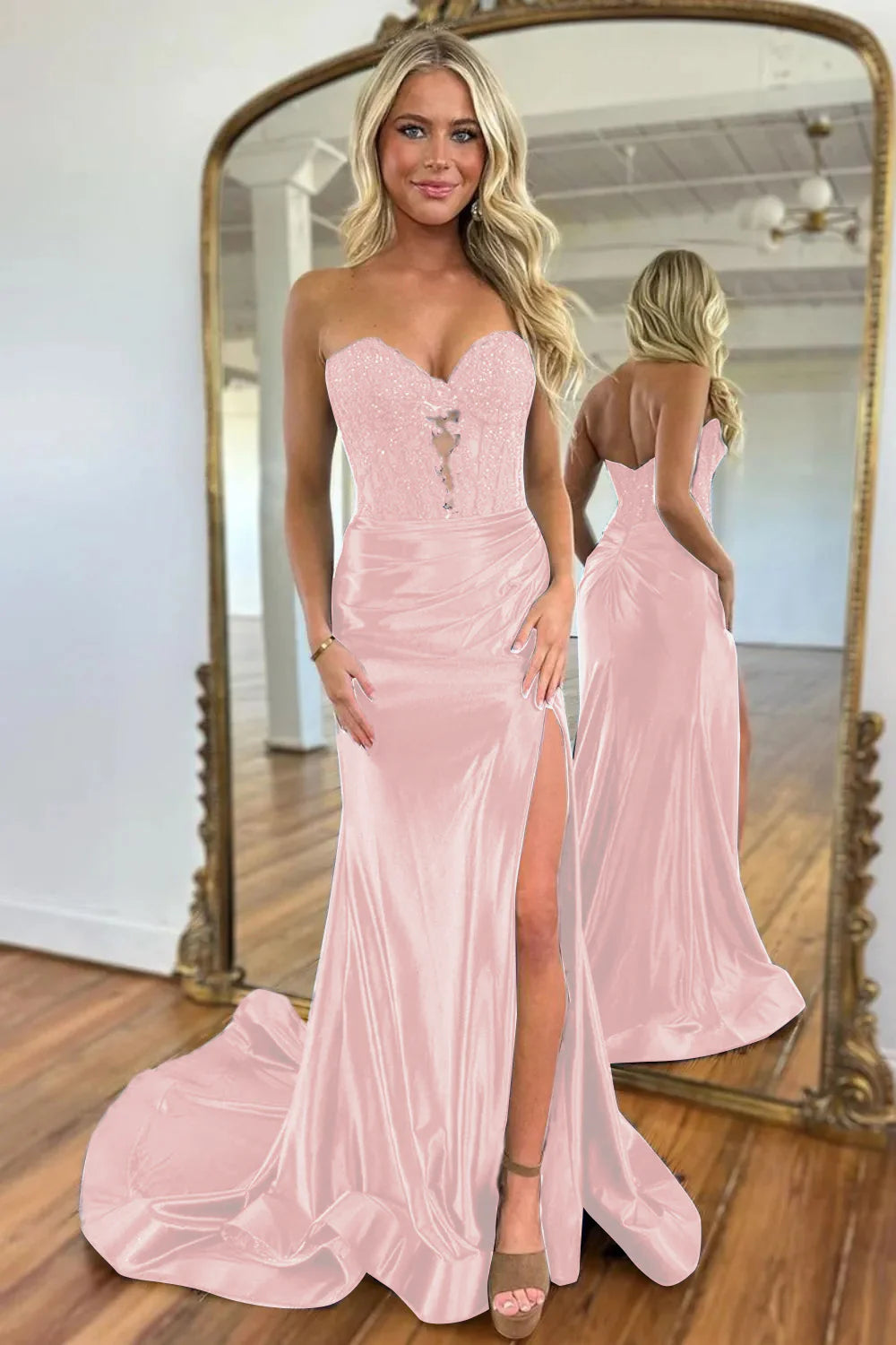 Vestido de fiesta de sirena con escote en forma de corazón y cuentas caladas