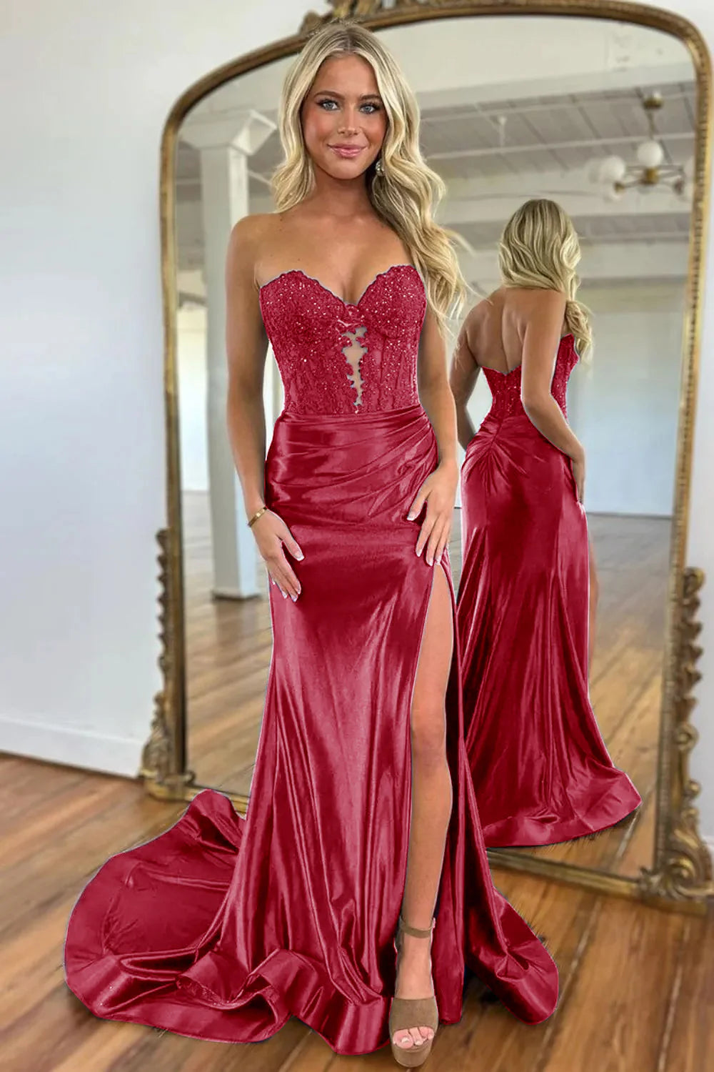 Vestido de fiesta de sirena con escote en forma de corazón y cuentas caladas