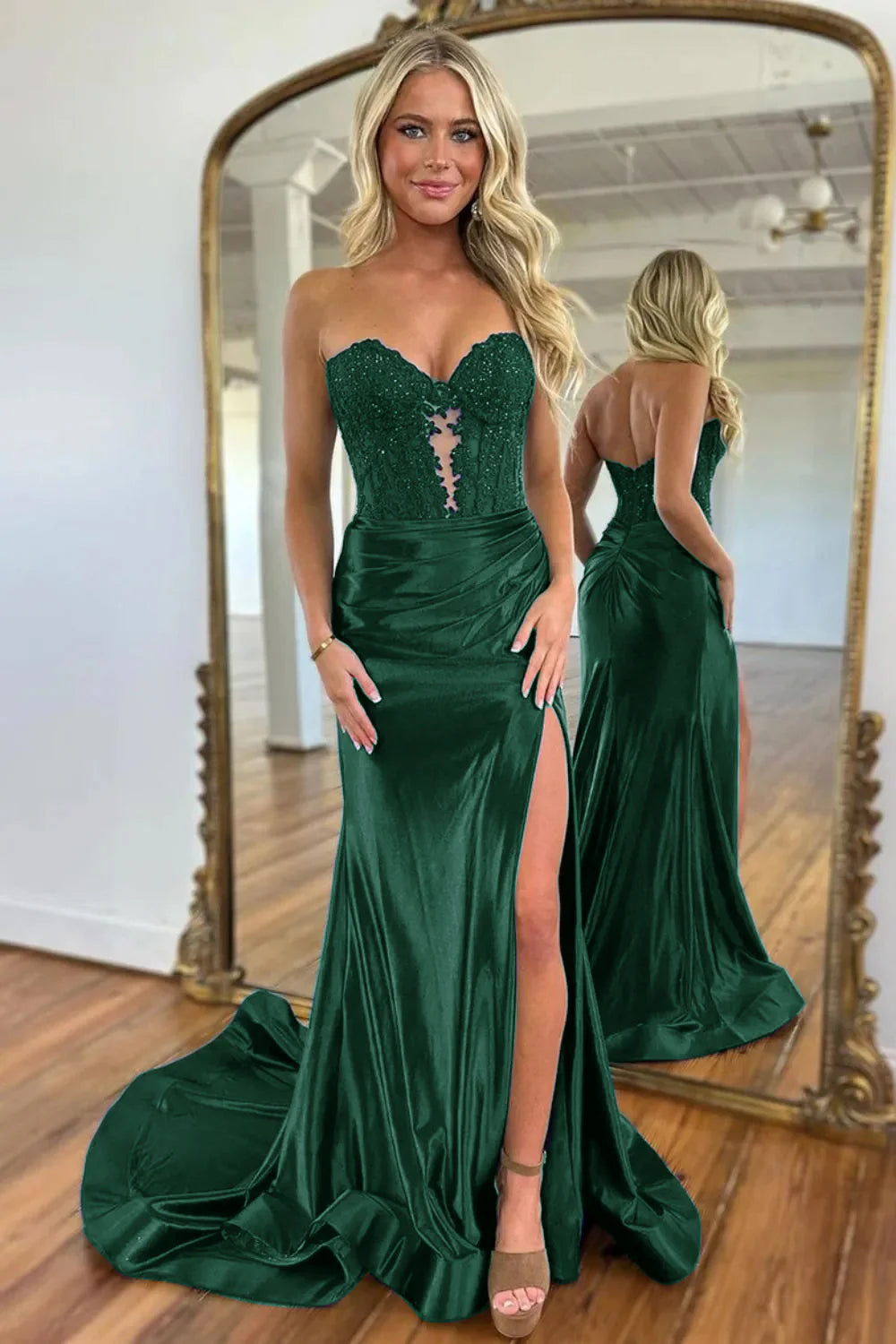 Vestido de fiesta de sirena con escote en forma de corazón y cuentas caladas
