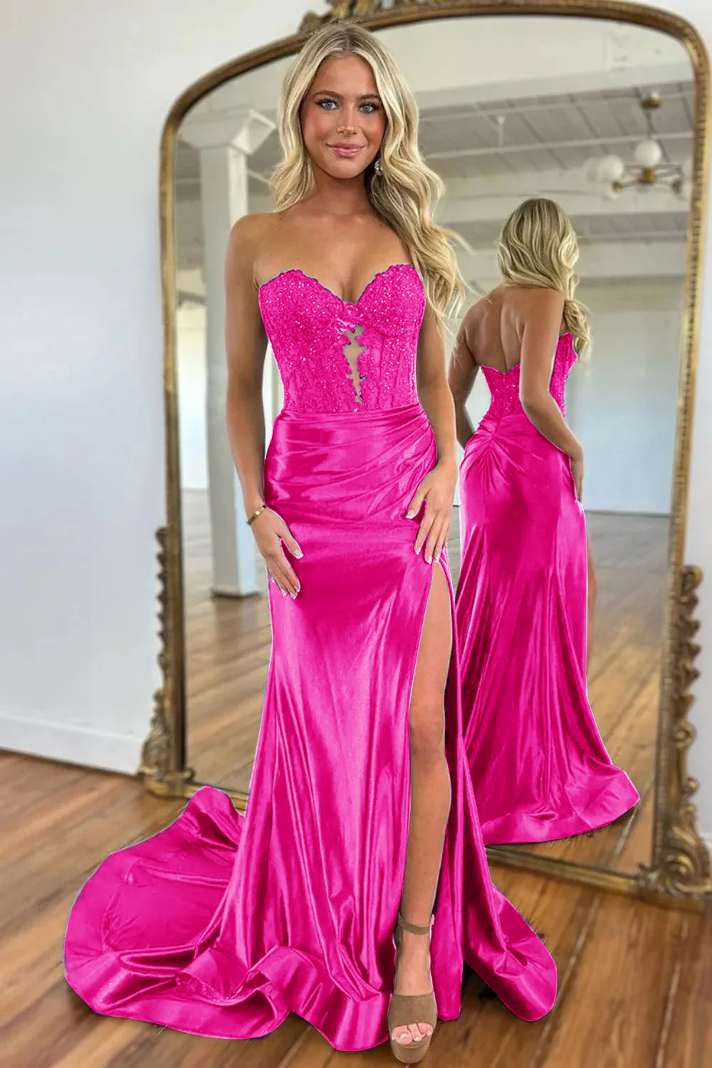 Vestido de fiesta de sirena con escote en forma de corazón y cuentas caladas