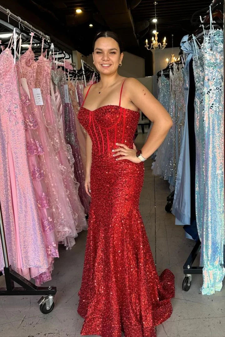 Vestido de fiesta largo con cuentas y tirantes finos de sirena azul claro brillante de Weitese