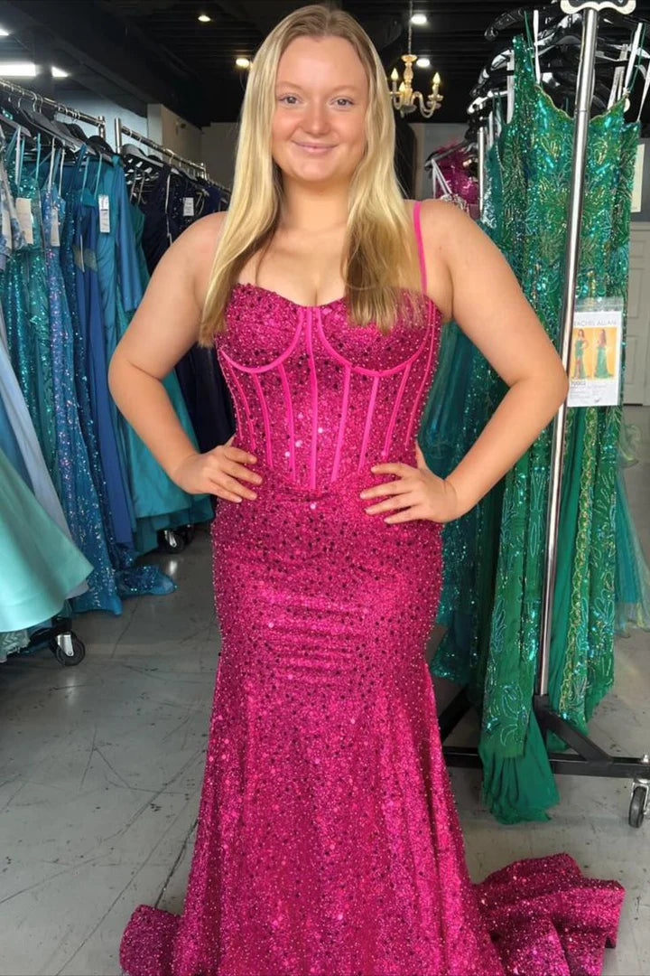 Vestido de fiesta largo con cuentas y tirantes finos de sirena azul claro brillante de Weitese