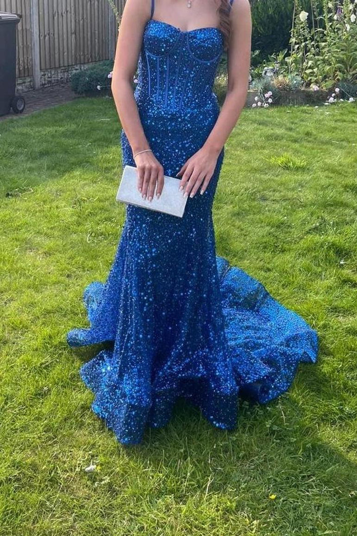 Vestido de fiesta largo con cuentas y tirantes finos de sirena azul claro brillante de Weitese