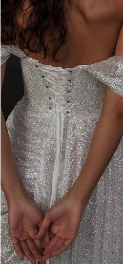 Weitese Elegant Mermaid Off the Shoulder Silver Sequins Long Prom Dress with Split Front