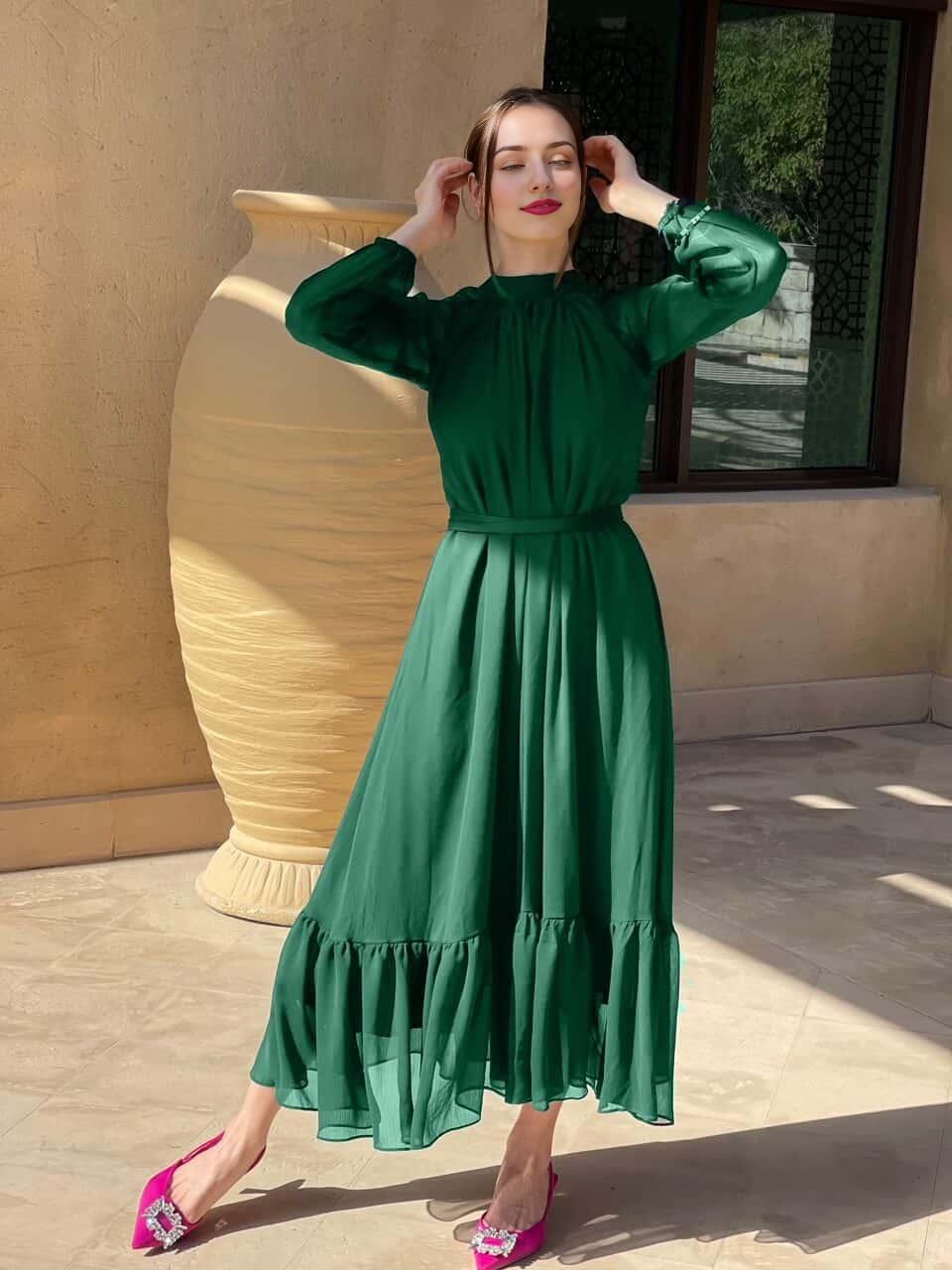 A-line Long Sleeved Tulle Fabric Ankle Length Prom Dress