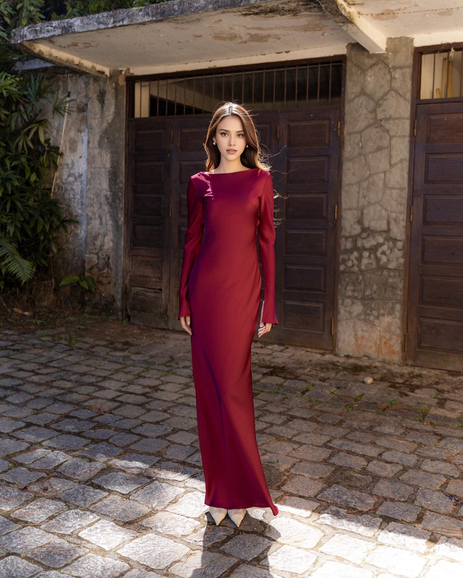 Dark Red Cowl Backless Lace Up Simple Maxi Dress Boat Neck Silk Long Sleeve Bridal Wedding Guest Prom Dress Elegant Evening Dress