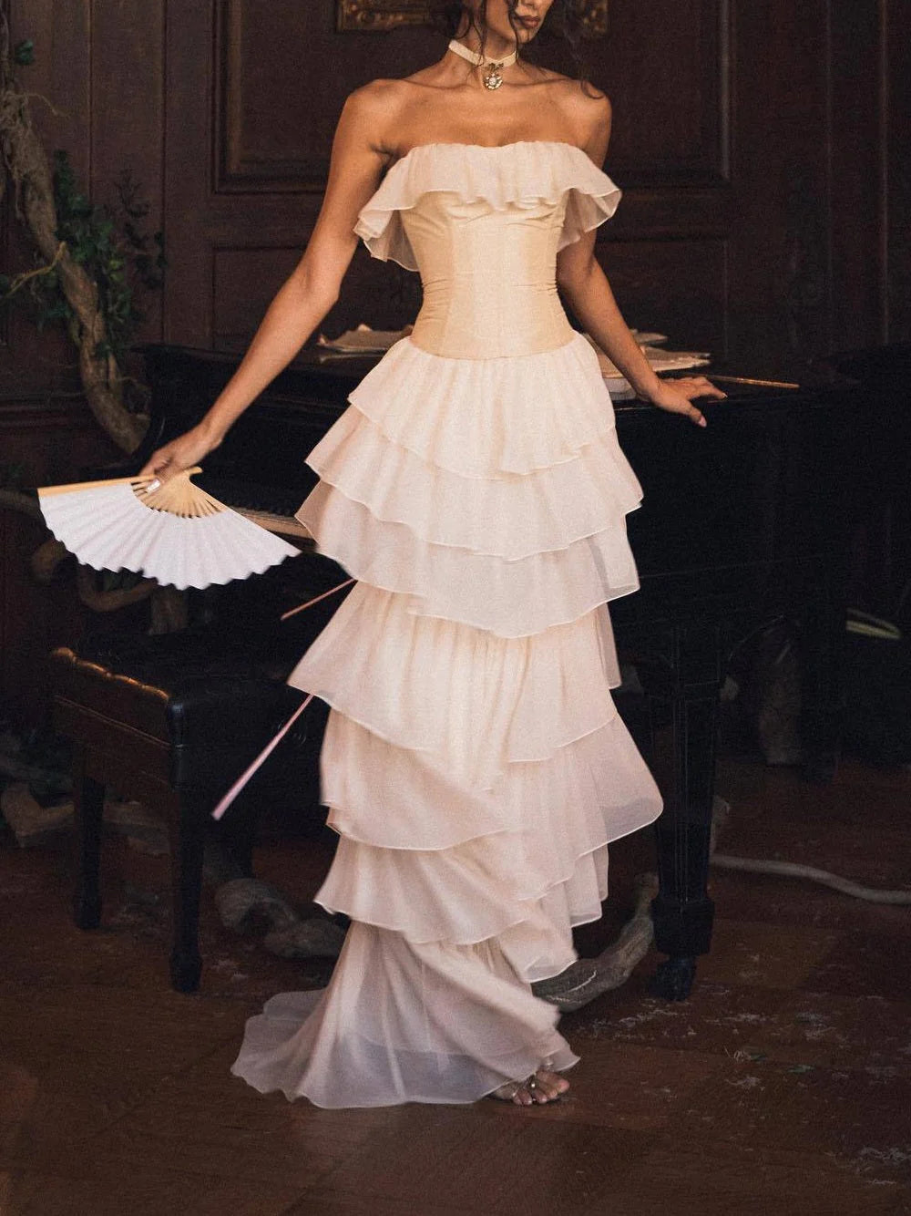 Weitese Dress Prom Dress Stores Ivory Strapless Chiffon Tiered Sheath Gorgeous Evening Dress Formal Dresses