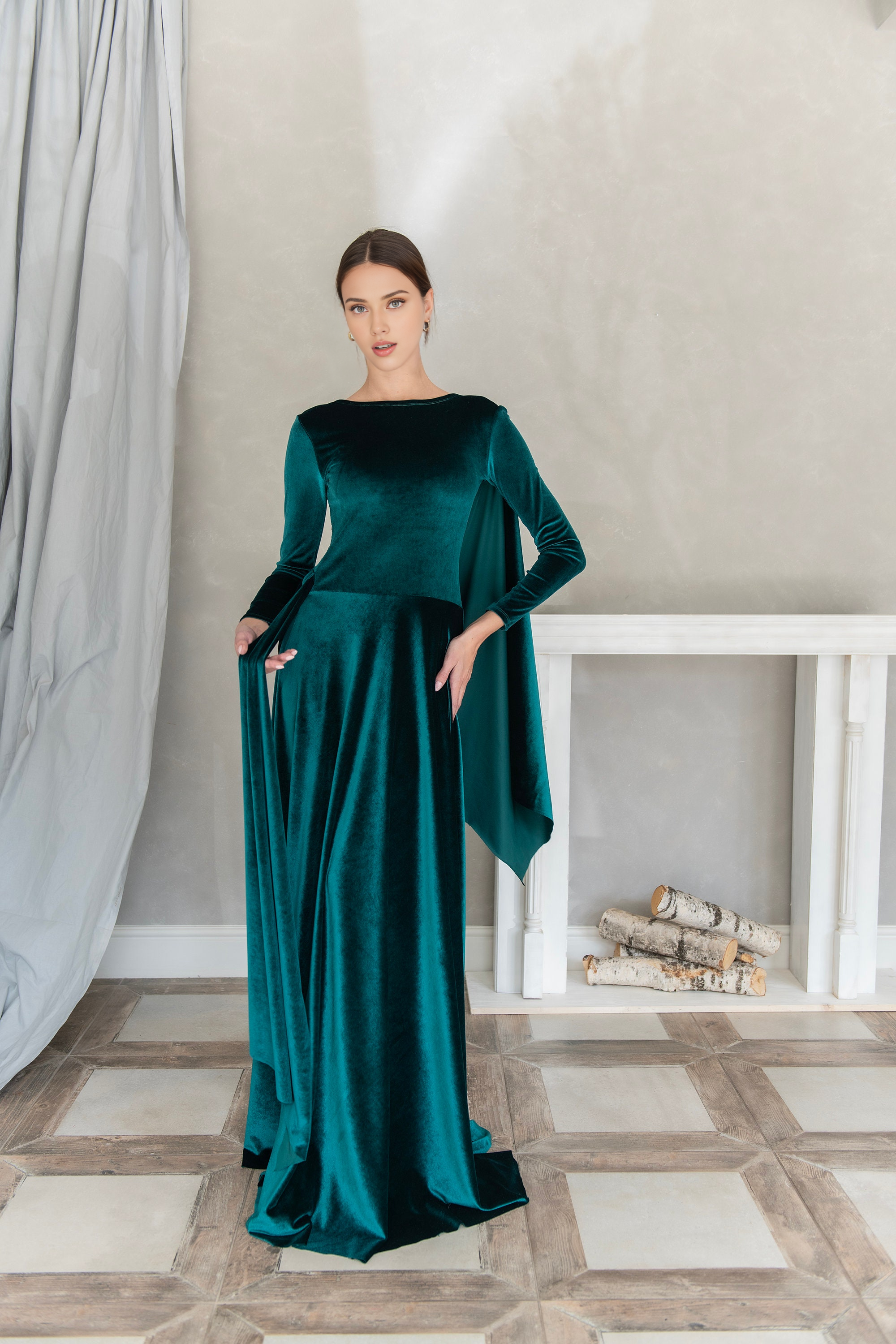 Velvet Round Neck Formal A-Line Dress with Back Drape Detail Emerald Wedding Dress Evening Dress Elegant Tie Dress Full Length Gown Long Sleeves Prom Dress