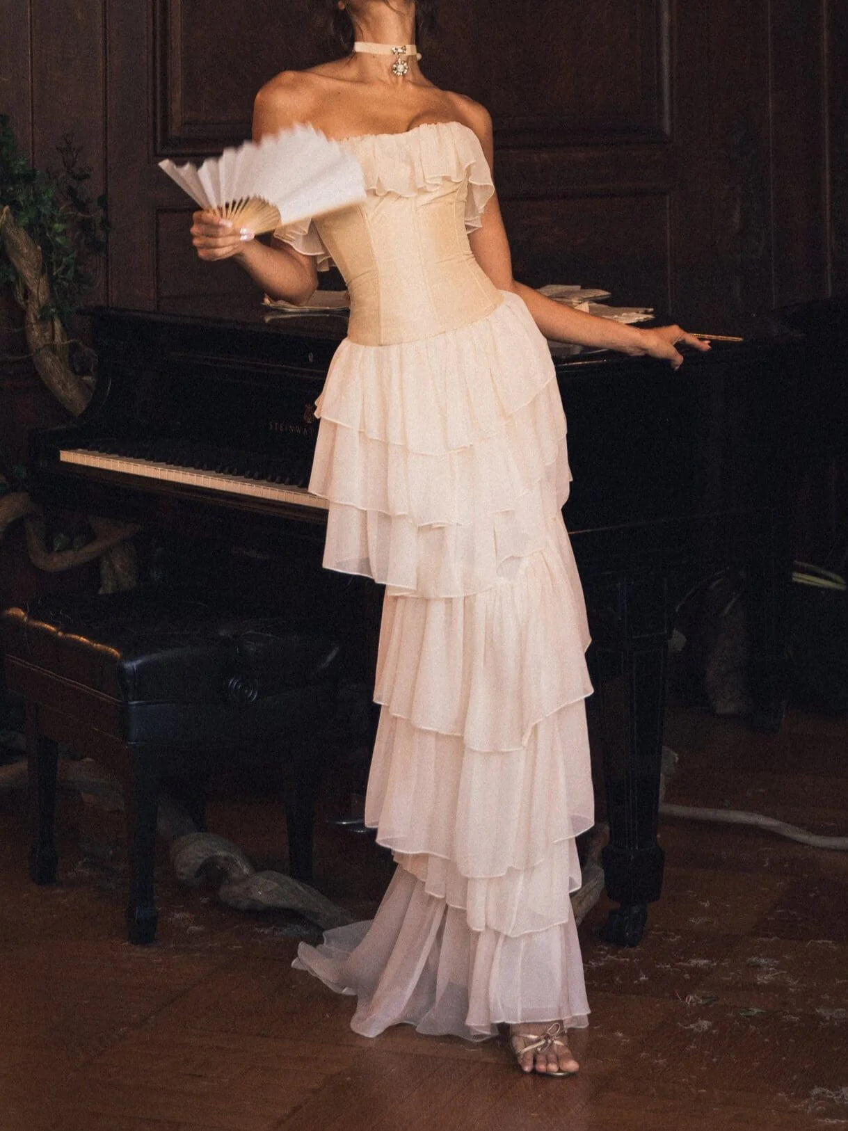 Weitese Dress Prom Dress Stores Ivory Strapless Chiffon Tiered Sheath Gorgeous Evening Dress Formal Dresses