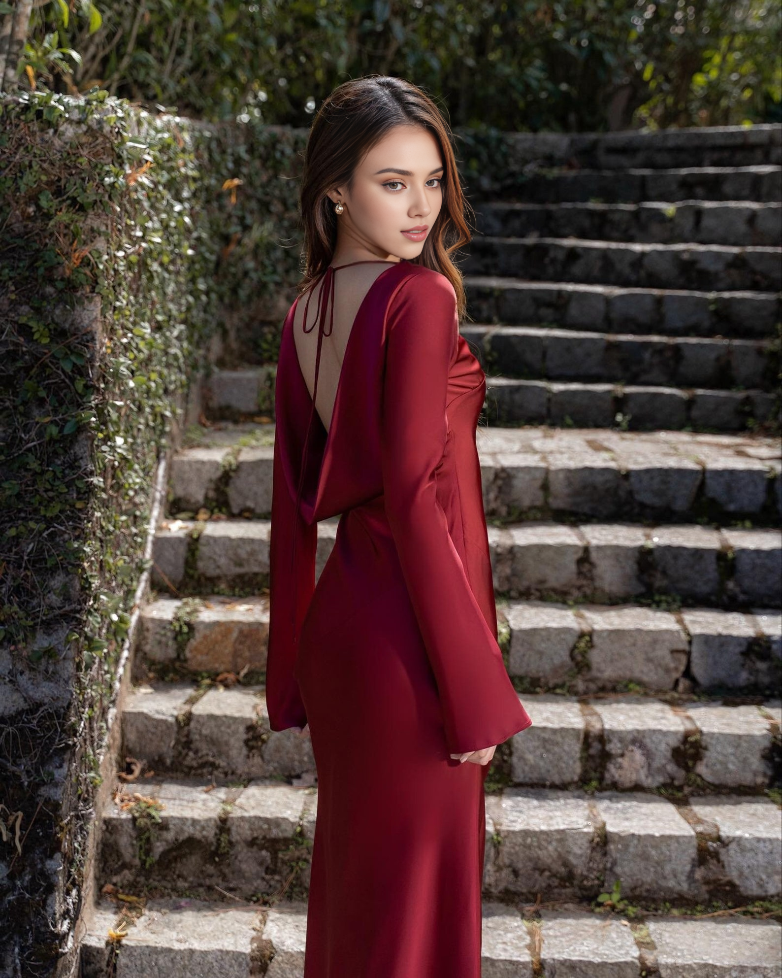 Dark Red Cowl Backless Lace Up Simple Maxi Dress Boat Neck Silk Long Sleeve Bridal Wedding Guest Prom Dress Elegant Evening Dress