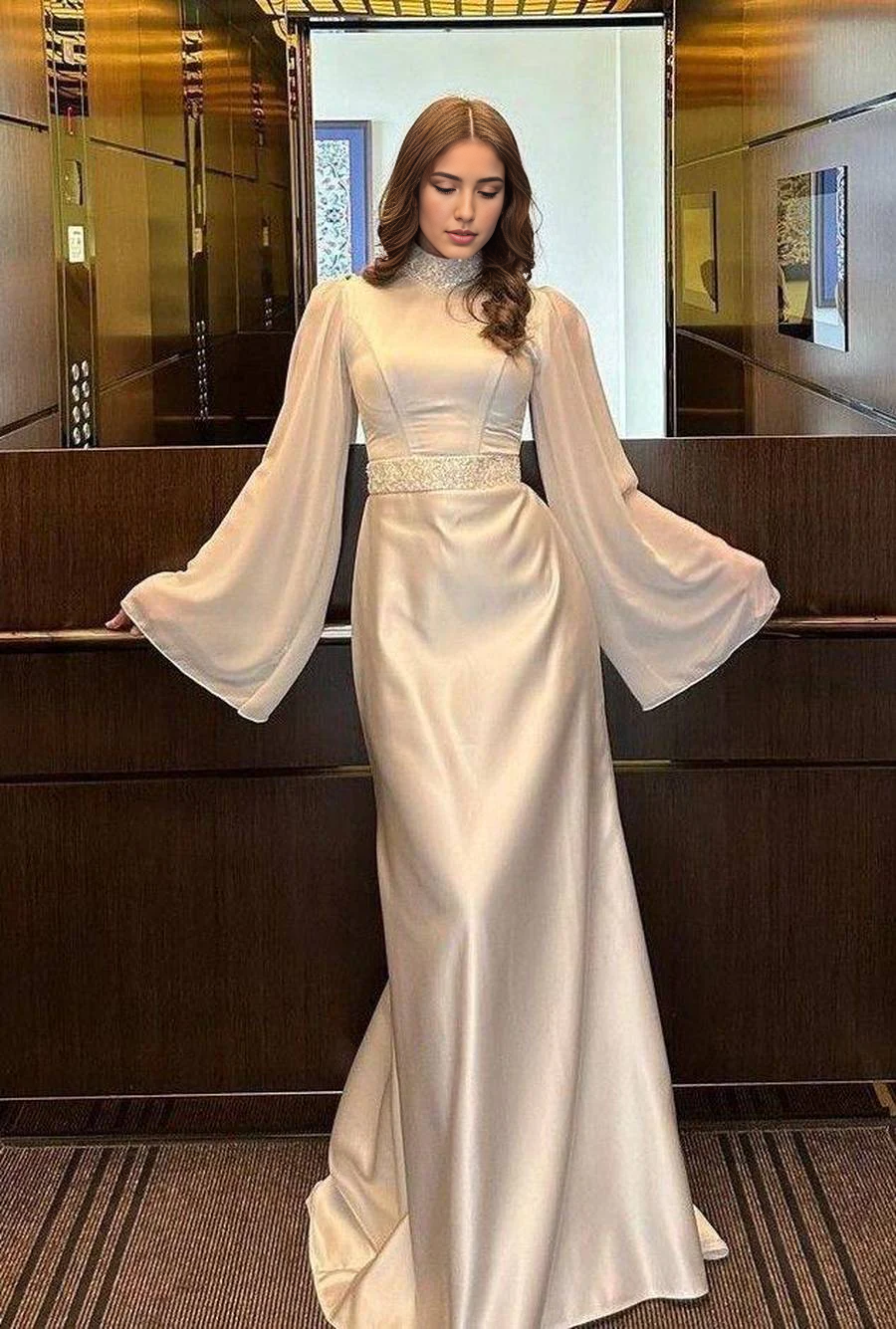 Weitese Formal Women's Dresses White High Neck Long Sleeves Formal Party Dress Prom Dress Stores