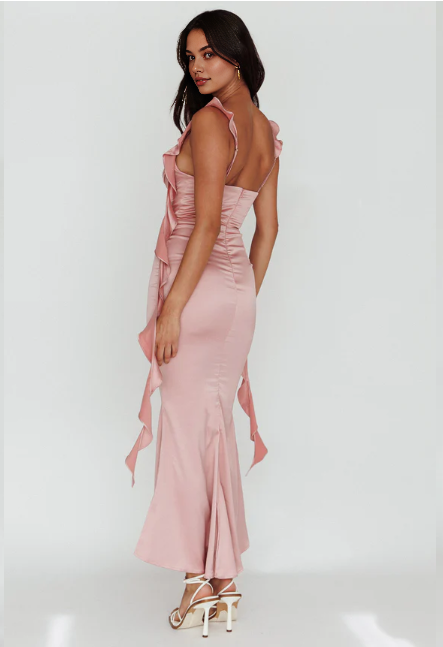 Weitese Dress Spaghetti Straps Pink Maxi Dress Sleeveless Mermaid Prom Dress Flutter Ruffle