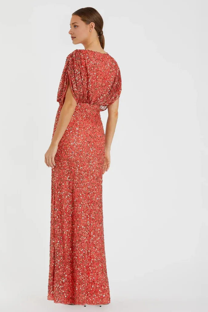 Luxury Column V Neck Draped Sleeve Zipper Up Floor-Length Prom Dress