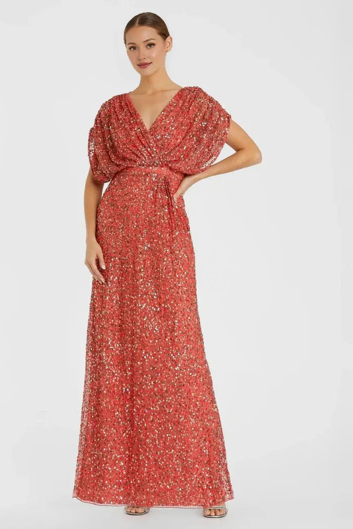 Luxury Column V Neck Draped Sleeve Zipper Up Floor-Length Prom Dress