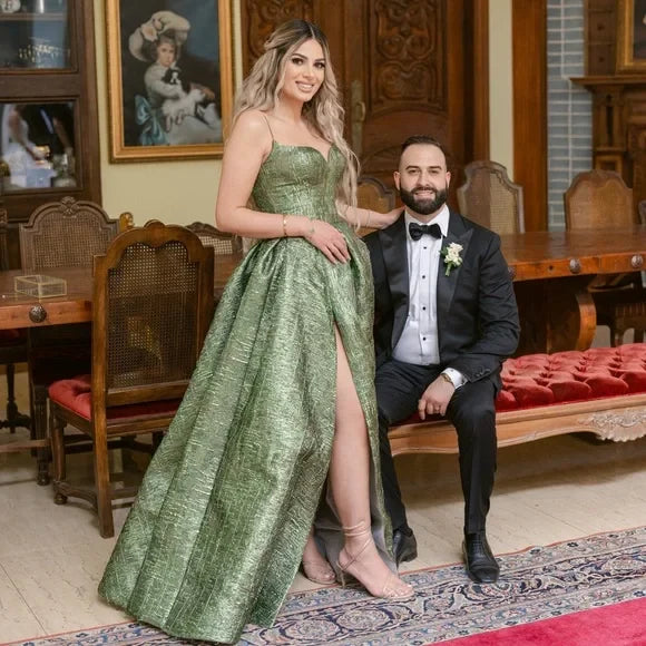 Robe de soirée élégante pour femme, coupe trapèze, bretelles spaghetti, robe de bal longue fendue 