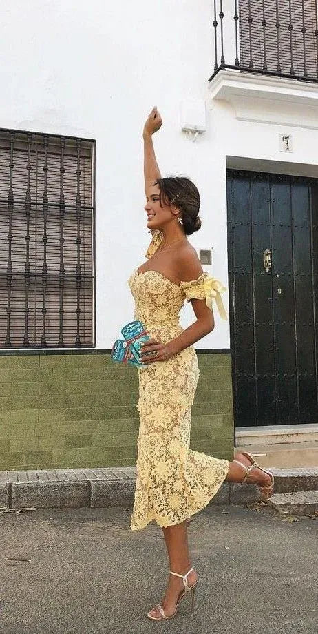 Weitese Formal Wear Dresses Light Yellow Sweetheart Off Shoulder Lace Cocktail Dress Formal Party Dress Prom Dresses Shops Formal Women's Dresses