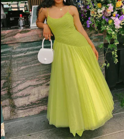 Robe de soirée longue en tulle à bretelles spaghetti vertes, coupe trapèze, robes de bal, robes de soirée pour femmes 