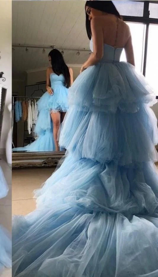 Weitese Formal Women's Dresses Blue Tulle Ruffles Sleeveless Prom Dress Party Dress Prom Dresses Stores