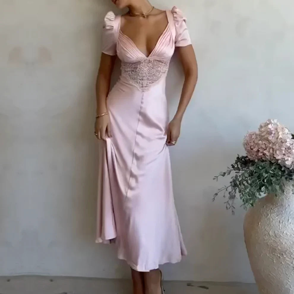 Robes de soirée Weitese rose clair élégantes en dentelle et satin à manches courtes, robes de soirée, magasins avec robes de bal, robes formelles pour femmes 