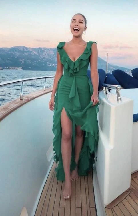 Weitese Formal Wear Dresses Green V Neck Ruffle Elegant Long Party Dress With Slit Prom Dresses Shops Formal Women's Dresses