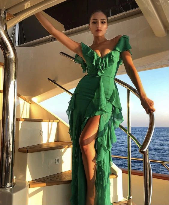 Weitese Formal Wear Dresses Green V Neck Ruffle Elegant Long Party Dress With Slit Prom Dresses Shops Formal Women's Dresses