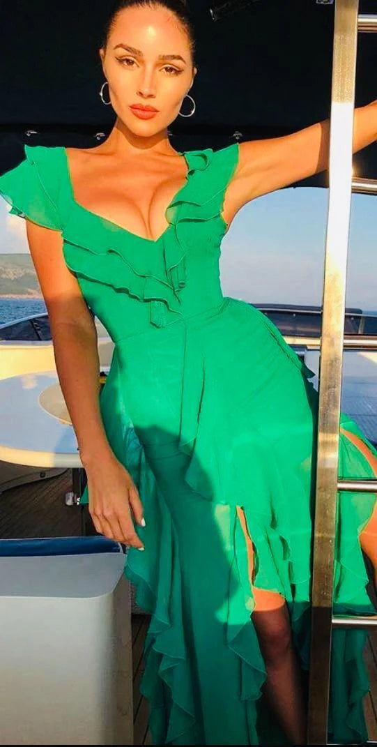Weitese Formal Wear Dresses Green V Neck Ruffle Elegant Long Party Dress With Slit Prom Dresses Shops Formal Women's Dresses