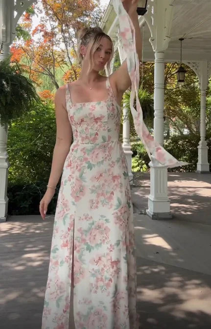 Weitese Dresses Formal Beautiful Chiffon Print Floral Slit Long Prom Dress Party Evening Gown With Bow Straps Stores With Prom Dresses