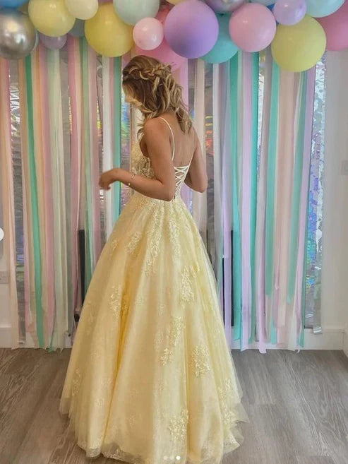 Spaghetti Straps A-line Tulle Lace Long Party Prom Dress