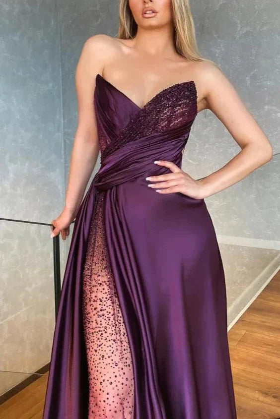 Robe de soirée longue sans bretelles, sexy, décolleté en V, fendue sur le côté