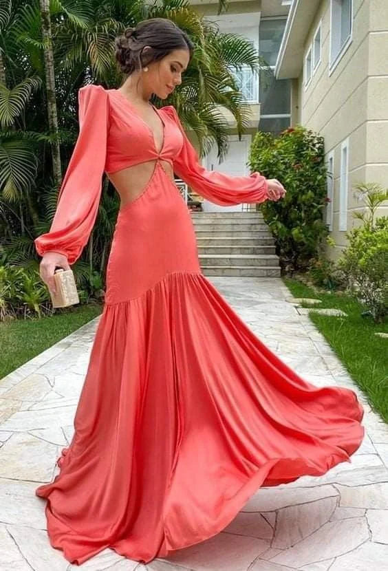 Weitese Formal Wear Dresses Coral Long Sleeves V Neck Long Party Dress Evening Dress Prom Dresses Shops Formal Women's Dresses