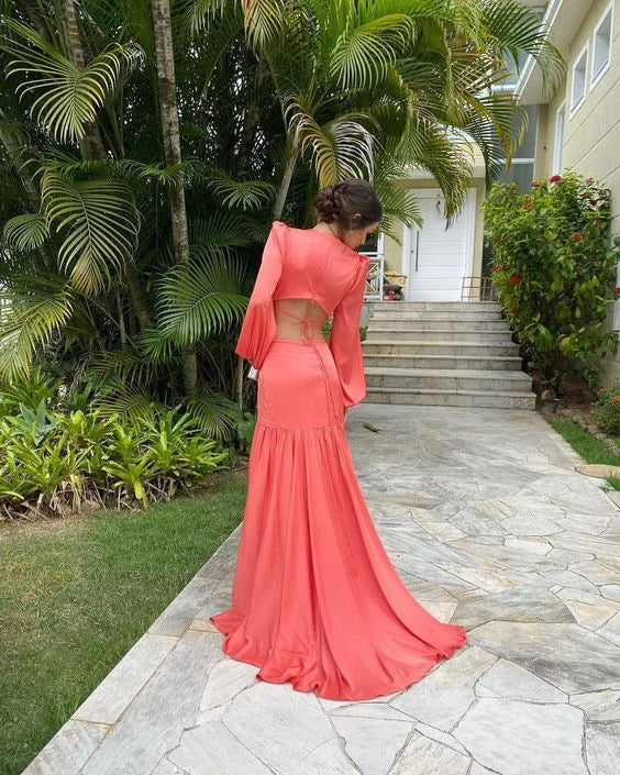 Weitese Formal Wear Dresses Coral Long Sleeves V Neck Long Party Dress Evening Dress Prom Dresses Shops Formal Women's Dresses