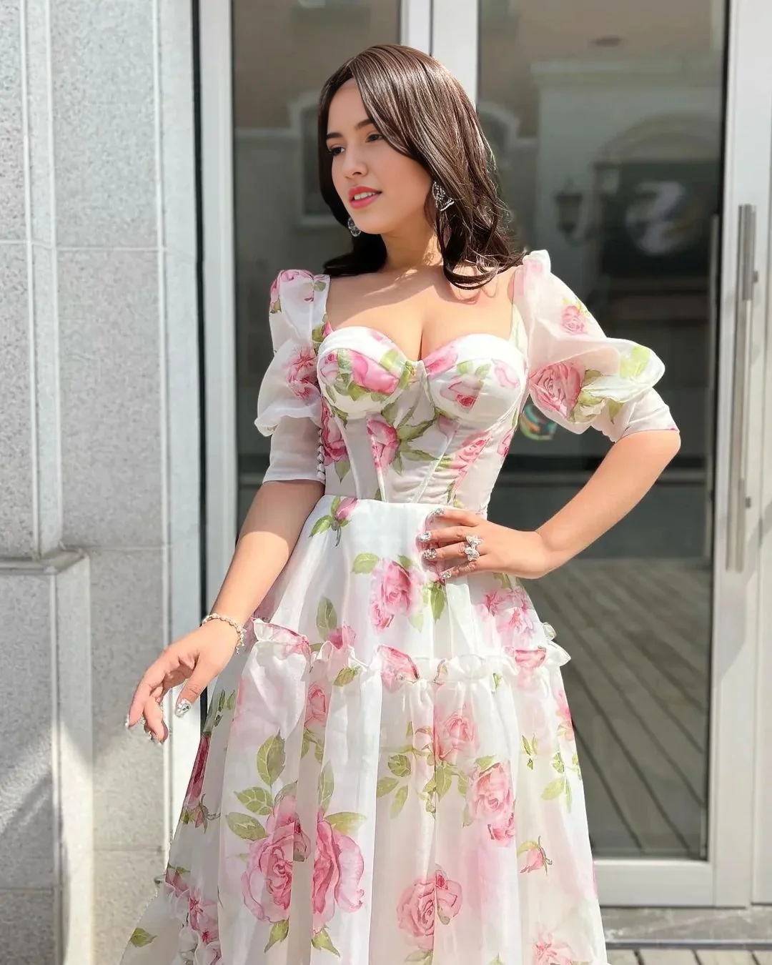 Weitese Formal Wear Dresses Floral Sweetheart A-Line Half Sleeves Chiffon Long Party Dress Prom Dresses Shops Formal Women's Dresses