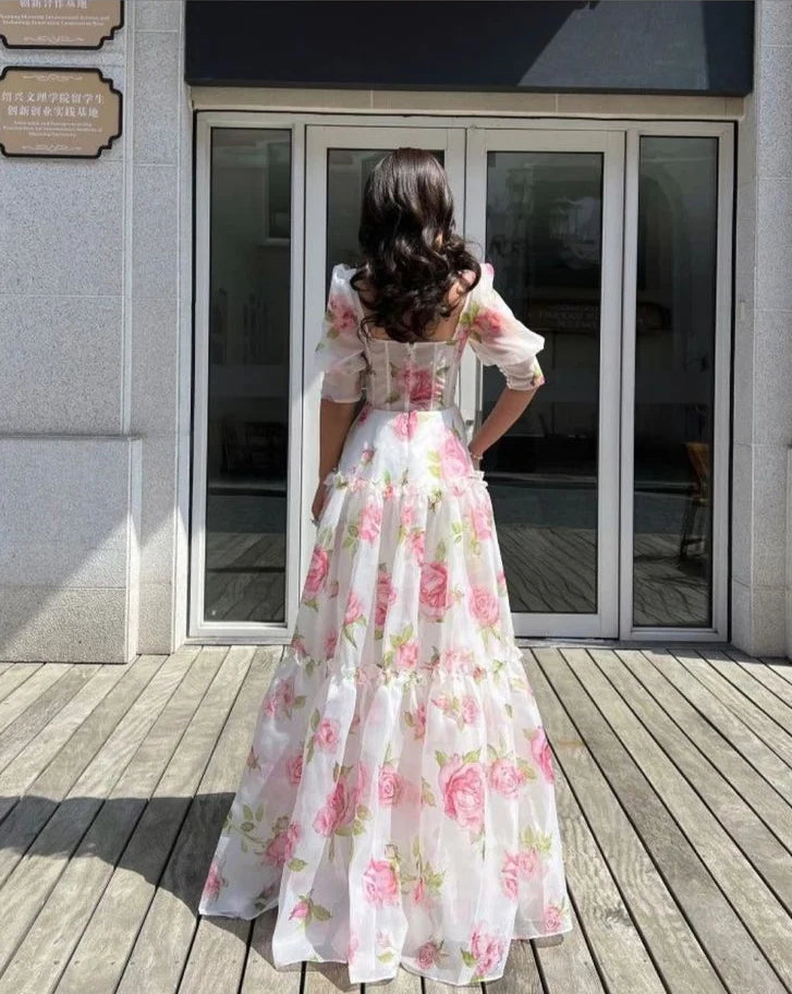 Weitese Formal Wear Dresses Floral Sweetheart A-Line Half Sleeves Chiffon Long Party Dress Prom Dresses Shops Formal Women's Dresses