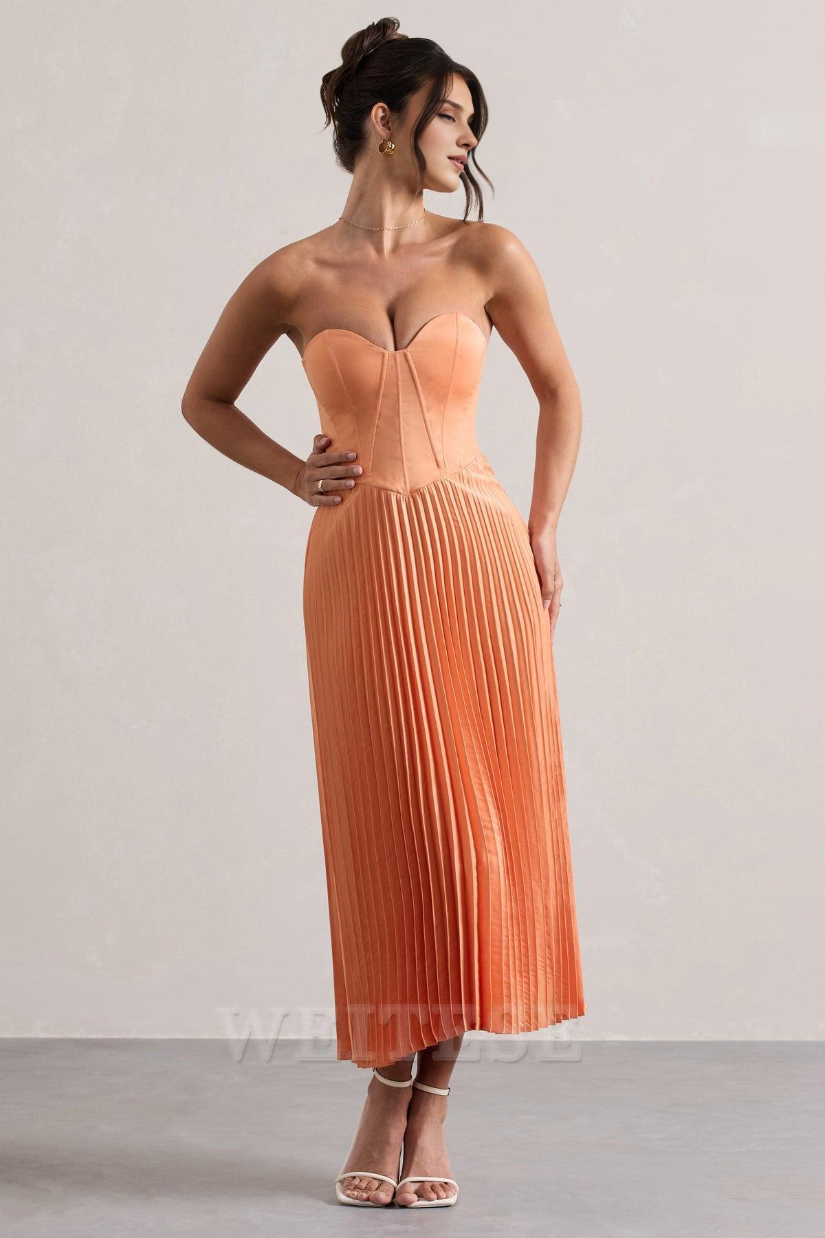 Weitese Dress Lemon Satin Corset Style Midi Dress Bridesmaid Dress Sweetheart Strapless A-line Pleated Prom Dress