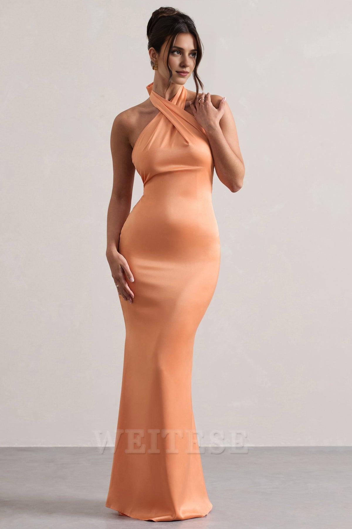 Weitese Dress Mint Green Satin Cross Over Halter-Neck Maxi Dress Prom Dress Low Backless Sleeveless Floor Length Bridesmaid Dress