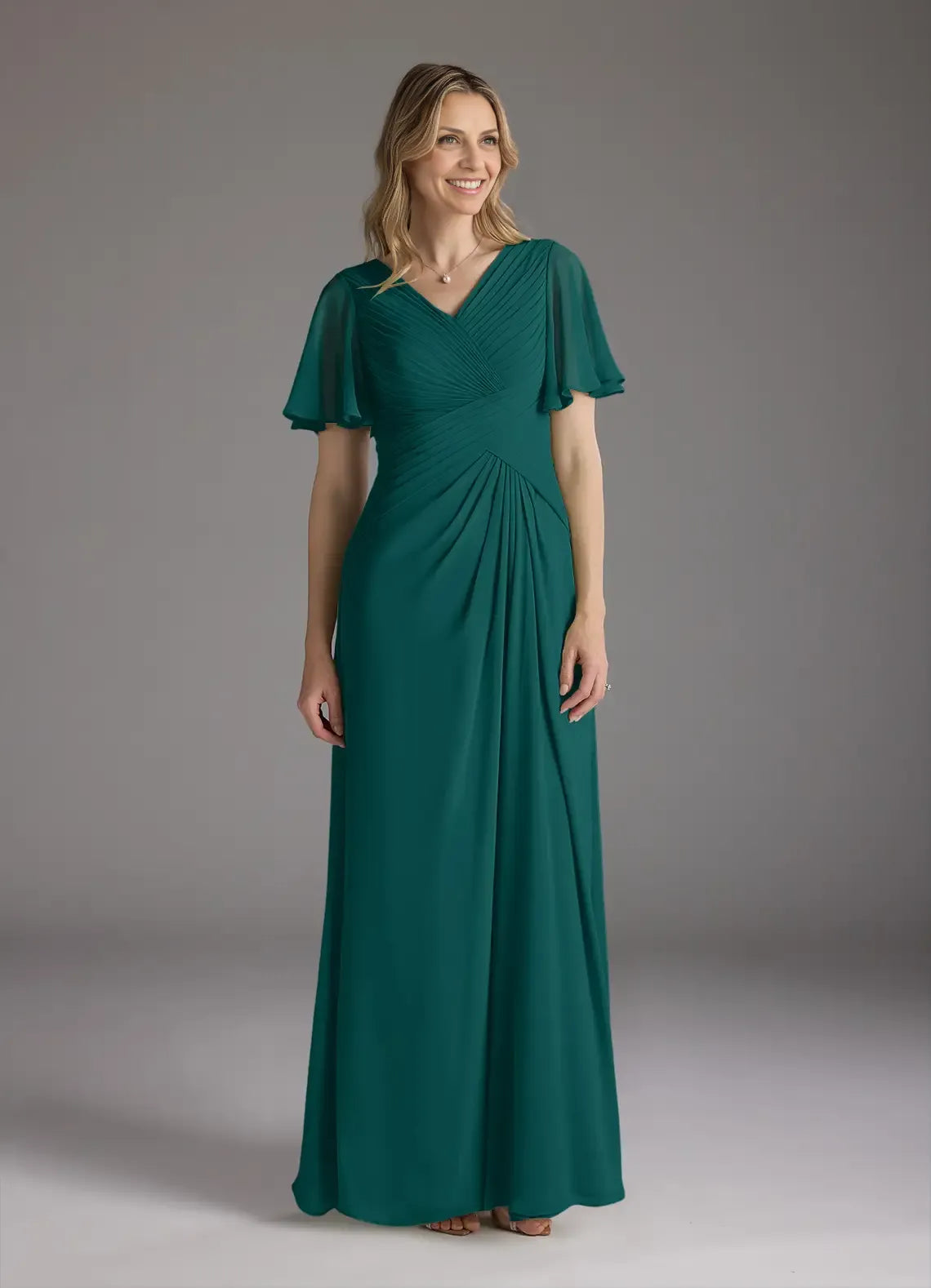 Weitese Dress A-Line V-Neck Ruched Chiffon Mother of the Groom Dresses Elegant Ruffle Flutter Sleeves V Back Evening Dress