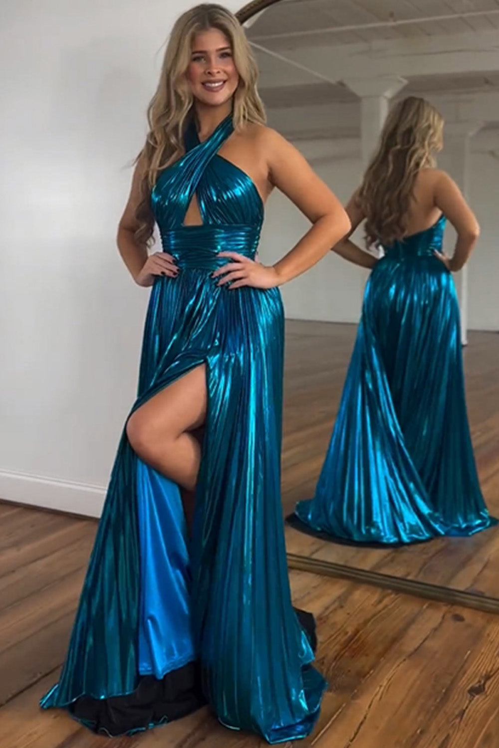 Weitese Peacock Blue Halter Neck A-Line Long Prom Dress With Split