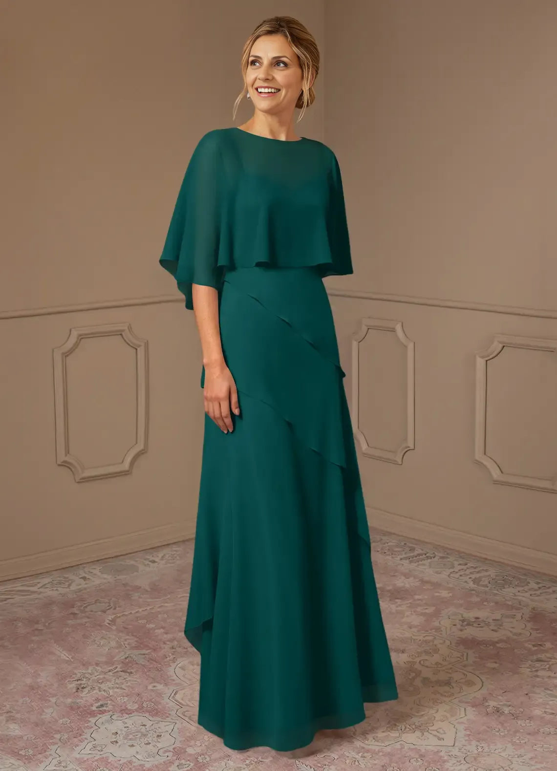 Weitese Dress A-Line Scoop Neck Chiffon Dress Mother Of The Bride Dresses Elegant Cap Sleeves Capelet Evening Dress