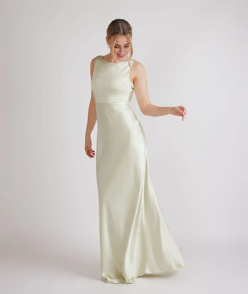 Weitese Dress Fashion Cowl Back Satin Bridesmaid Dress Maxi Dress Solid Color Champagne Boat Neck Sleeveless Prom Dress