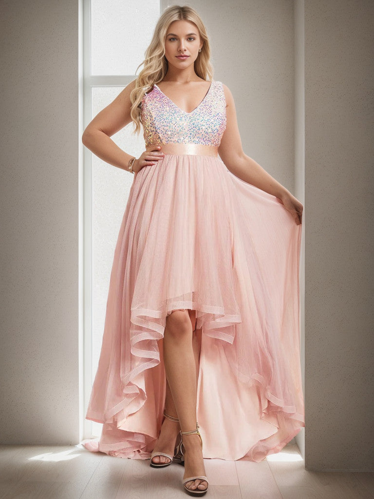 Robe de soirée grande taille Weitese sans manches en tulle à paillettes et ruban à taille haute